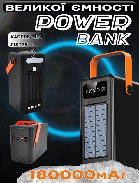 Повербанк 180000 мАч солнечная батарея фонарь 4 USB Power Bank